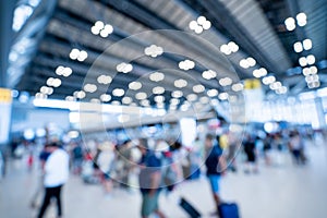 Blurred images of trade fairs in the big hall. image of people walking on a trade fair exhibition or expo where business people