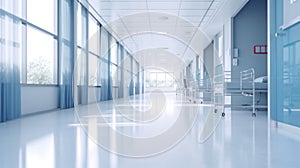 Blurred interior of hospital - abstract medical background. Generative AI.