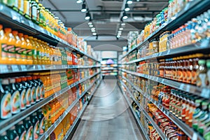 Blurred interior of large grocery store with aisles and shelves