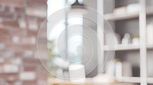 Blurred Interior Scene Brick Wall Shelving.