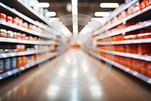 Blurred interior of a supermarket store aisle, creating an abstract backdrop