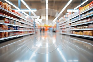 Blurred interior of a supermarket store aisle, creating an abstract backdrop