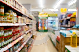 Blurred interior view of empty supermarket