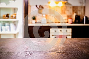 blurred kitchen interior and desk space home background