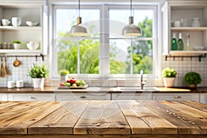 Free Space Table Top Background on Blurred Kitchen Window Interior