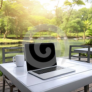 Blurred laptop computer with blank screen on table with coffee cup and nature background