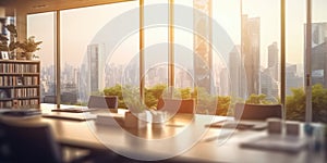 Blurred large modern office workspace in the morning interior workplace with cityscape for business presentation background