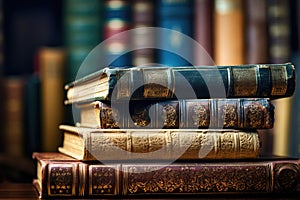 Library background old books stacked on table, knowledge and reading themed. Generative ai