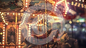 Blurred lights from a carnivals vintage carousel set against a backdrop of old photographs and cherished trinkets evokes photo
