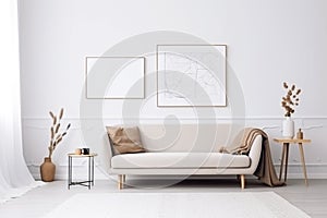 Blurred living room interior with beige sofa, mock up poster frame, coffee table and plants on white wall background