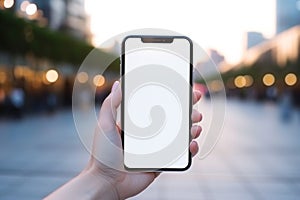 Blurred mockup image of a female hand holding mobile phone with blank white screen on blurred city background