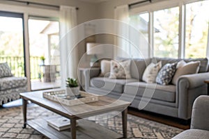 Blurred modern living room with grey sofas