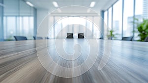 Blurred Modern Office Interior, Empty Conference Table, Large Windows with Defocused City View