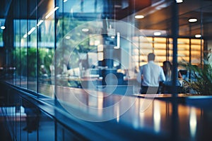 Blurred modern office space with business people working behind transparent glass wall