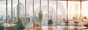 Blurred Modern Office Workspace Morning Interior with Cityscape for Business Presentation