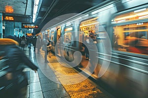 Blurred motion of busy commuters on train station during rush hours, Busy subway station