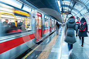 Blurred motion of busy commuters on train station during rush hours, Busy subway station