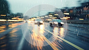 Blurred motion, city life, traffic, rain, speed generated by AI