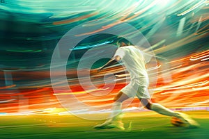 Blurred motion image of a soccer player during a match with vibrant stadium lights in the background