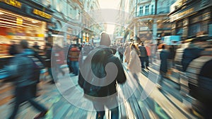 Blurred motion of a man rushing through a busy urban street. Fast-paced city life captured in dynamic motion. Concept of