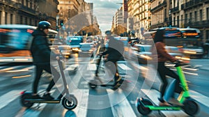 Blurred motion of people on e-scooters and a bus in a busy city street, conveying speed and urban life.