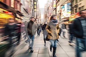 A blurred motion shot of people walking through a busy city street, conveying the dynamic and energetic atmosphere of urban life.