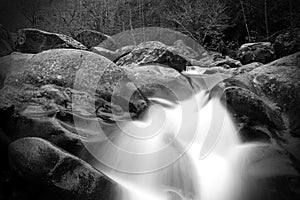 Blurred Motion and Slow Shutter Waterscape Black and White Photography of a River Waterfall in the Great Smoky Mountains.