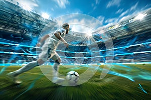 Blurred motion of a soccer player dribbling in a packed stadium with dramatic lighting