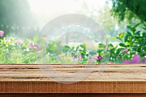 Blurred nature flower garden background and empty wooden table.
