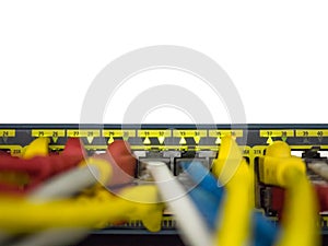 Blurred, network cables plug into port switch hub and white background