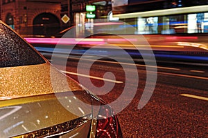 Blurred night traffic. Light trails on the road at night on Bolshoy Prospekt Petrograd Side in Saint-Petersburg, Russia.