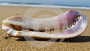 It with a blurred ocean and sky in the background suggesting a