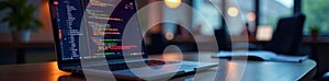 Blurred office background, focused on glowing laptop screen with code, computer, workplace, business