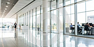 Blurred Office Background, Spacious Business Interior Hall with Daylight Window Reflections
