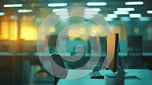 Blurred Office Interior with Empty Desk and Computer at Sunset