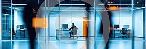 Blurred office with people working, showcasing modern workspace