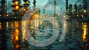 A blurred oil refinery at night with lights reflected in the water