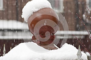 Blurred out, gate-post cowered by snow, winter storm street in M