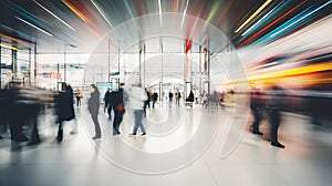 Blurred People Silhouettes in Busy train station captured in time-lapse. Abstract colorful light trails emphasizing