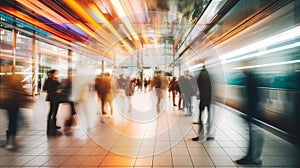 Blurred People Silhouettes in Busy train station captured in time-lapse. Abstract colorful light trails emphasizing