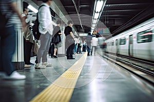 Blurred people at the subway station waiting for the train. Generative AI