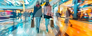 Blurred people Walking Past illuminated Fashion Store