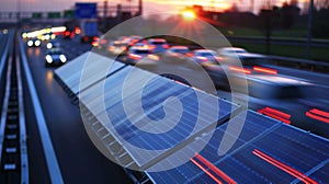 A blurred photo of cars and trucks zooming by on a busy highway while a massive solar panel installation looms in the