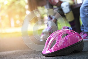 Blurred Pink helmet- outdoor sport skates activiy in Summer