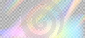 Blurred rainbow refraction overlay effect. Light lens prism effect on transparent background. Holographic reflection