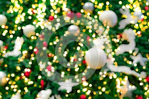 Blurred red, green, and gold bokeh background of Christmas tree. Xmas background. Christmas and Happy New Year holiday background.