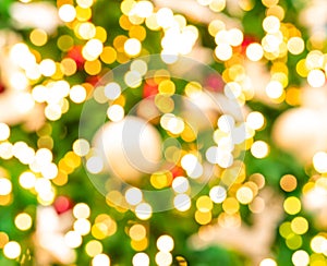 Blurred red, green, and gold bokeh background of Christmas tree. Xmas background. Christmas and Happy New Year holiday background