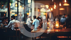 blurred restaurant background with some people eating and chefs and waiters working