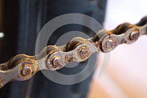 Blurred of rusty chain of bicycle, selective focus