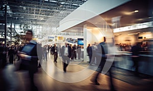 Blurred scene of people at a business trade show. Motion blur